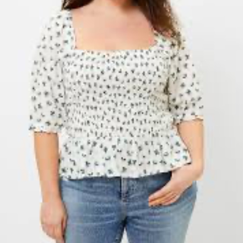 LOFT smocked peplum puff‎ sleeves white green floral top Sz L